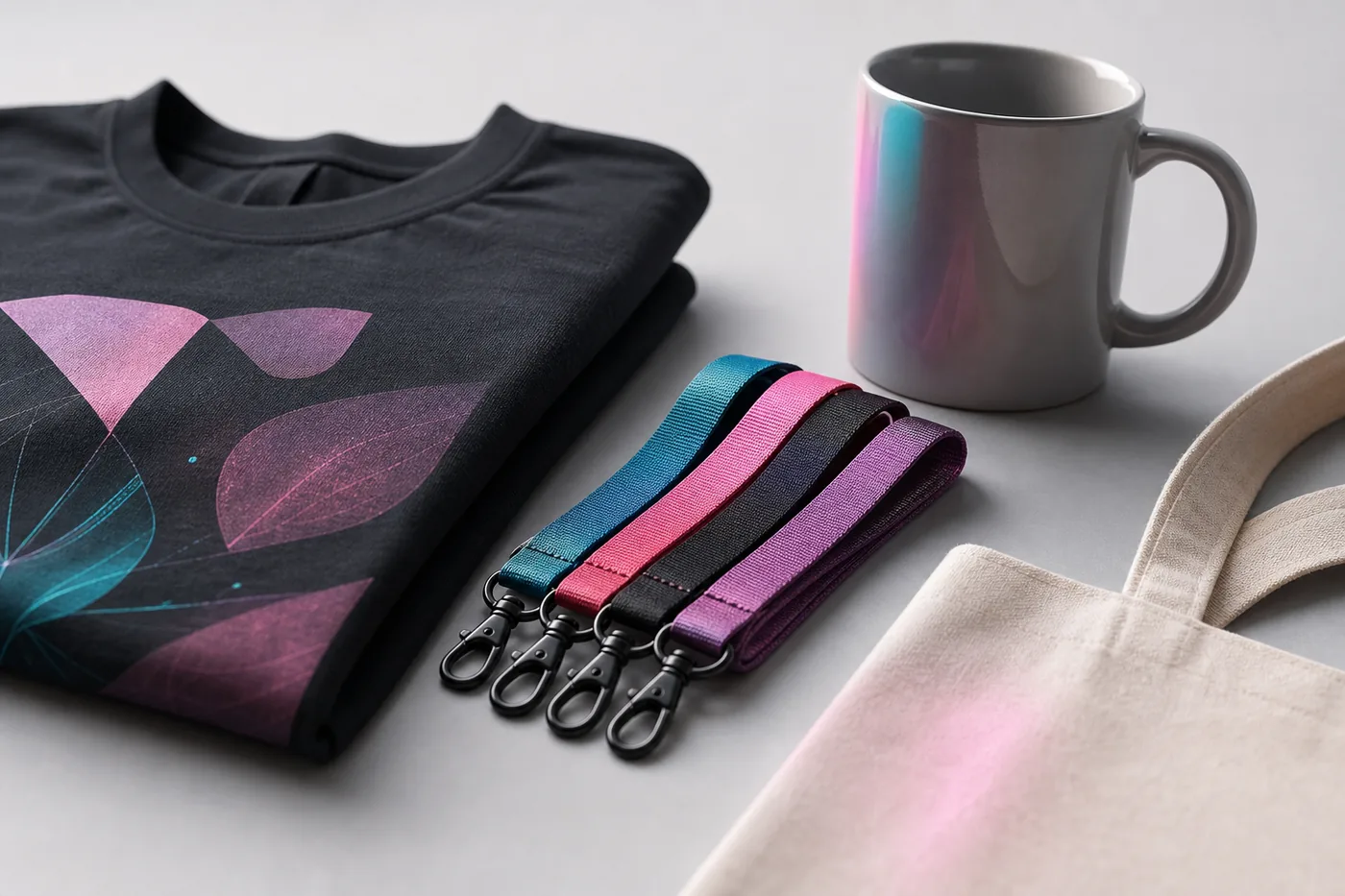 Coordinated promotional products — tees, lanyards, and merchandise suggesting brand programmes